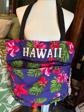 Hawaii Floral Tote Bag - Purple Pink Green 18” x 16”